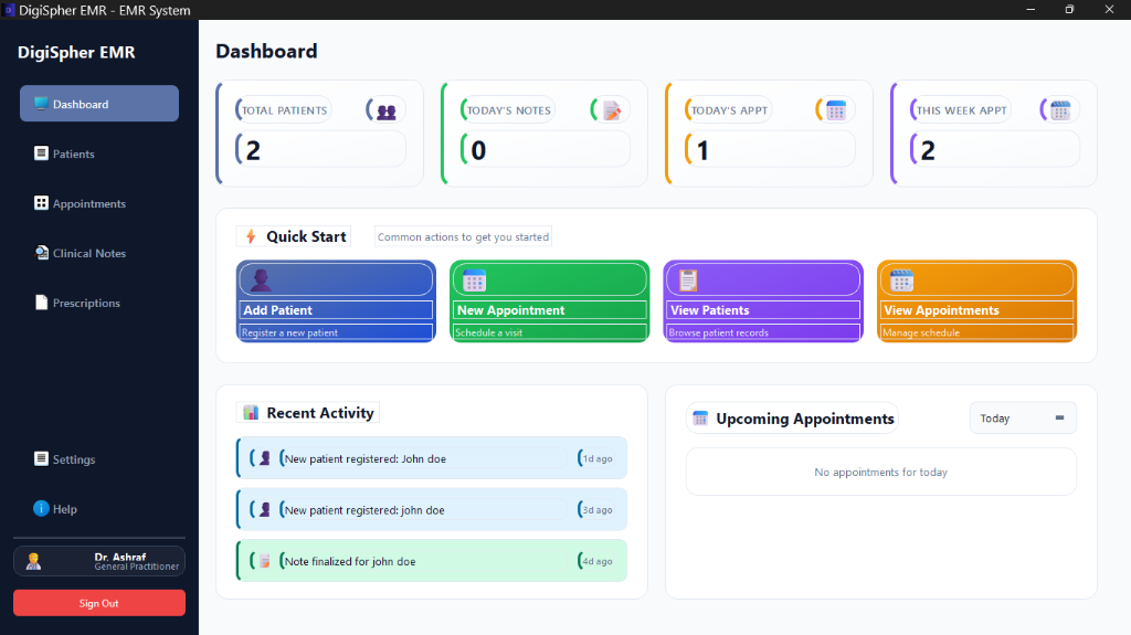 DigiSpher EMR Dashboard - Clean interface designed for solo practitioners